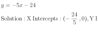 The y=-5x-24 is X Intercepts: (-24/5 ,0),Y Intercepts: (0,-24)